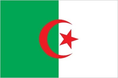 The flag of Algeria is divided vertically into two equal halves of green and white, with a red crescent and star centered over the dividing line. It reflects Algeria’s Islamic heritage and the sacrifices made for independence.
