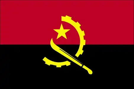 The flag of Angola features two horizontal bands—red above black—with a centered yellow emblem composed of a half gear wheel crossed by a machete topped with a star. The red represents the blood shed during Angola’s struggle for liberation, while the black stands for the African continent. The emblem symbolizes industrial and agricultural workers and national progress.