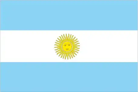 Three horizontal bands of light blue and white with a central golden 'Sun of May.' The flag symbolizes the nation’s quest for freedom during the May Revolution.