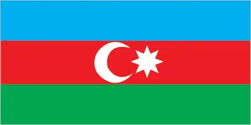 Three horizontal bands of bright blue, red, and green with a white crescent and an eight‑pointed star centered on the red band.