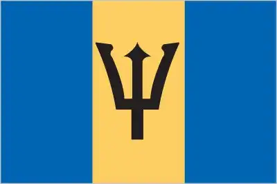 A vertical triband of ultramarine–gold–ultramarine, centered by a black broken trident head. Adopted at midnight on November 30, 1966—the moment of independence—it symbolizes Barbados breaking from colonial ties.