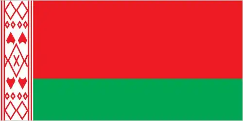 A red upper stripe and green lower stripe, separated on the hoist by a vertical red-and-white traditional Belarusian ornament. This design retains Soviet-era colors blended with folk culture.