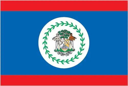 The flag of Belize features a royal blue field with red stripes at the top and bottom, and the national coat of arms in the center. The arms depict a mahogany tree, tools, and two woodcutters, symbolizing the nation's history.