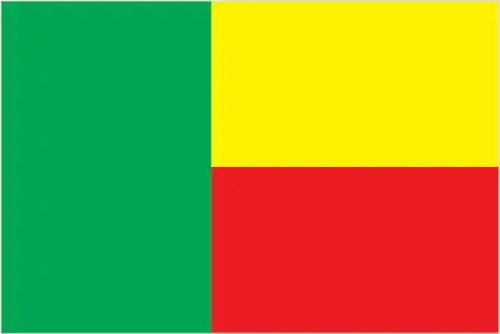The flag of Benin has two horizontal bands of yellow and red, with a vertical green band at the hoist. Green stands for hope, yellow for wealth, and red for courage.