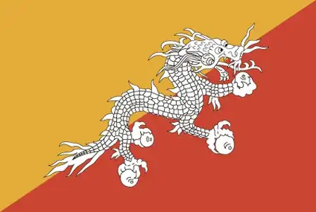 The flag of Bhutan is diagonally divided yellow and orange with a white dragon across the middle. Yellow symbolizes the secular authority of the king, orange represents Buddhism, and the dragon stands for the country and purity.