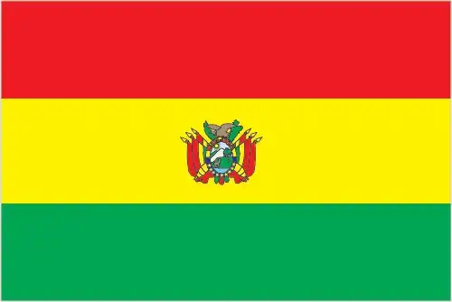 The flag of Bolivia consists of three horizontal bands of red, yellow, and green. Red stands for bravery, yellow for resources, and green for fertility. The state flag includes the coat of arms.