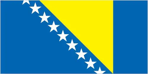 The national flag of Bosnia and Herzegovina features a medium blue field with a yellow right triangle and a line of white five-pointed stars along the hypotenuse. The three points of the triangle represent the three main ethnic groups: Bosniaks, Croats, and Serbs. The stars, representing Europe, are meant to be infinite in number, continuing from top to bottom. The flag's colors are associated with neutrality, peace, and the country's European aspirations.