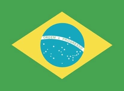 National flag of Brazil - The Brazilian flag features a green field with a large yellow rhombus (diamond shape) in the center. Within the yellow rhombus is a blue celestial sphere depicting a starry sky with 27 white five-pointed stars of varying sizes, including the Southern Cross constellation. A curved white banner spans across the blue sphere with the national motto 'Ordem e Progresso' (Order and Progress) inscribed in green letters.