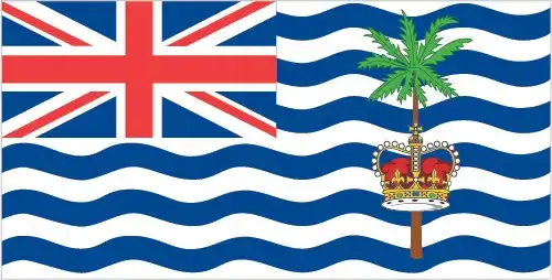 The flag of the British Indian Ocean Territory features a Union Jack in the canton, with white and blue wavy stripes and a palm tree with a crown. It represents the British overseas territory in the Indian Ocean.