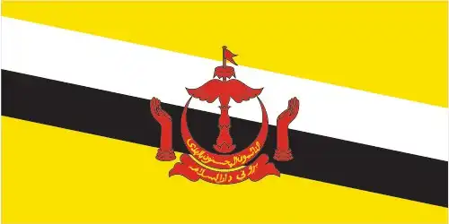 The flag of Brunei consists of a yellow field with two diagonal stripes of white and black, and the national emblem in red at the center. The yellow represents the sultan, while the white and black stripes represent the chief ministers. The emblem includes a crescent, parasol, and hands, symbolizing Islam, monarchy, and benevolence.