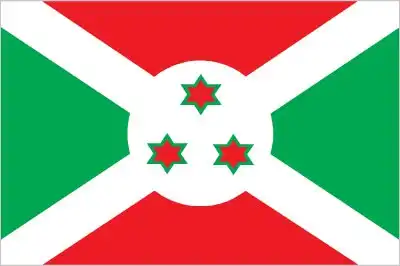 The Burundi Flag consists of a white diagonal cross dividing the field into alternating red and green areas, with a white disk at the center bearing three red six-pointed stars outlined in green. Adopted on June 28, 1967 (modified in 1982), the red symbolizes the struggle for independence, green for hope and development, and white for peace. The three stars represent the national motto: Unity, Work, Progress, and the three main ethnic groups: Hutu, Tutsi, and Twa.