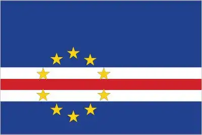 The flag of Cabo Verde features a blue field with a white horizontal stripe in the center, bordered by two red stripes. In the lower hoist corner is a circle of ten yellow five-pointed stars. The blue represents the ocean and sky, white symbolizes peace, red represents the blood shed for independence, and the ten stars represent the ten main islands of the archipelago.