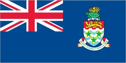 The flag of the Cayman Islands features a blue field with the Union Jack in the canton and the Cayman Islands coat of arms on the fly side. The blue represents the sea, the Union Jack symbolizes the territory's British connection, and the coat of arms features a turtle, pineapple, and lion representing the islands' natural resources and British heritage.