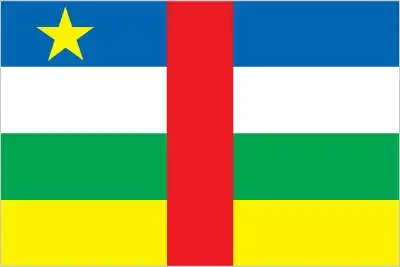 The flag of the Central African Republic features four horizontal stripes of blue, white, green, and yellow, with a vertical red stripe in the center. A yellow five-pointed star is in the upper left corner. The colors represent France (blue, white, red) and Africa (green, yellow, red), symbolizing the country's connection to both Europe and Africa.