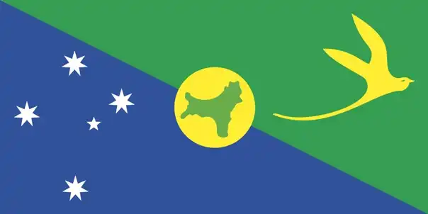 The flag of Christmas Island features a blue and green diagonal bicolor with the Southern Cross constellation in the canton and a golden bosun bird in the center. The blue represents the sea, green represents the land, the Southern Cross symbolizes the island's location in the Southern Hemisphere, and the golden bosun bird is native to the island and represents its unique wildlife.
