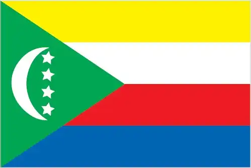 The flag of Comoros features four horizontal stripes of yellow, white, red, and blue, with a green triangle on the hoist side containing a white crescent and four white stars. The colors represent the four main islands, the crescent symbolizes Islam, and the four stars represent the four islands of the archipelago: Grande Comore, Anjouan, Mohéli, and Mayotte.