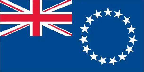 The flag of the Cook Islands features a blue field with the Union Jack in the canton and a circle of fifteen white five-pointed stars on the fly side. The blue represents the ocean, the Union Jack symbolizes the territory's British connection, and the fifteen stars represent the fifteen islands of the Cook Islands archipelago.
