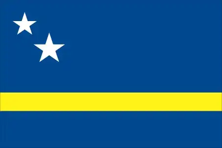 The flag of Curaçao features a blue field with a yellow horizontal stripe in the center and two white five-pointed stars in the upper left corner. The blue represents the sea and sky, the yellow stripe symbolizes the bright sunshine and the island's warm climate, and the two stars represent Curaçao and Klein Curaçao, the two main islands of the territory.