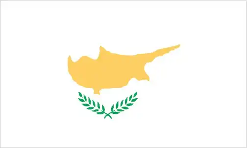 The flag of Cyprus features a white field with a copper-colored silhouette of the island in the center, and two green olive branches below it. The white represents peace and harmony, the copper color symbolizes the island's rich copper deposits and its name (Cyprus means copper), and the olive branches represent peace and reconciliation between the Greek and Turkish Cypriot communities.