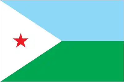 The flag of Djibouti features two horizontal bands of light blue and light green, with a white triangle on the hoist side containing a red five-pointed star. The light blue represents the sea and sky, the light green symbolizes the earth and the country's natural resources, the white triangle represents peace, and the red star symbolizes unity and the blood shed for independence.