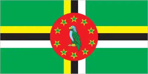 The flag of Dominica features a green field with a cross of three bands: yellow, black, and white. In the center is a red circle containing a purple sisserou parrot, surrounded by ten green five-pointed stars. The green represents the island's lush vegetation, the cross symbolizes Christianity and the Trinity, the yellow represents the sun and citrus fruits, black represents the rich soil, white represents the rivers and waterfalls, and the ten stars represent the ten parishes of Dominica.
