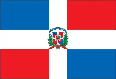 The flag of the Dominican Republic features a white cross dividing the field into four rectangles: blue (top and bottom) and red (left and right). In the center is the national coat of arms. The blue represents liberty, the red symbolizes the blood shed for independence, the white cross represents the Christian faith and the sacrifice of the nation's heroes, and the coat of arms features the Bible, a cross, and weapons representing the country's values and history.