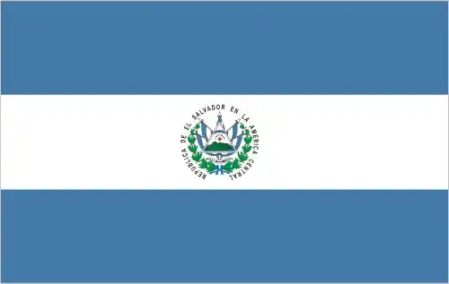 The flag of El Salvador features three horizontal bands of blue, white, and blue, with the national coat of arms in the center of the white band. The blue bands represent the Pacific Ocean and Caribbean Sea, the white band symbolizes peace and harmony, and the coat of arms features the country's motto 'Dios, Unión, Libertad' (God, Union, Liberty) and symbols representing the five Central American nations.