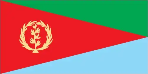 The flag of Eritrea features a red triangle extending from the hoist side, with the remaining area divided into green (top) and blue (bottom) triangles. In the red triangle is a yellow wreath with an olive branch. The red represents the blood shed for independence, the green symbolizes the country's agriculture and natural resources, the blue represents the sea, and the wreath represents peace and the country's future.