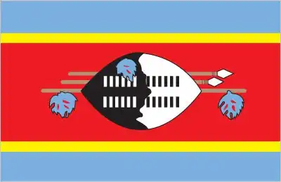 The flag of Eswatini features a blue field with a yellow and blue horizontal stripe in the center, bordered by red stripes. In the center is a traditional Nguni shield with spears and a staff. The blue represents peace and stability, the yellow symbolizes the sun and the country's mineral wealth, the red represents the blood shed for independence, and the shield and weapons represent the country's traditional culture and defense.