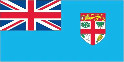 The national flag of Fiji features a light sky blue field defaced by the Union Jack in the canton and the Fijian shield on the fly side. It is a distinctive example of a post-colonial flag that retains colonial symbolism while emphasizing national identity through the shade of blue and the prominent arms.