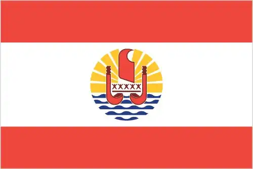 French Polynesia’s official flag is a horizontal triband of red–white–red (1:2:1 ratio) displaying the territory’s emblem centered in the white band. The combination balances national link to France with strong Polynesian identity.