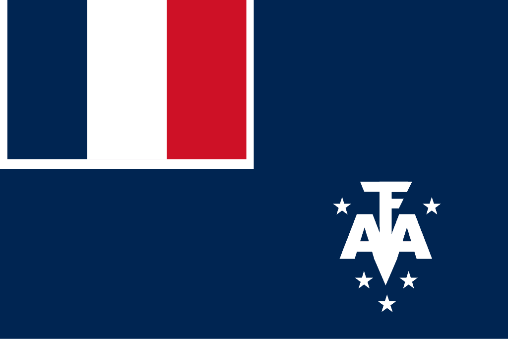 The flag of the French Southern and Antarctic Lands (Terres australes et antarctiques françaises, TAAF) is a Blue Ensign with the French tricolour in the canton and a white monogram “T.A.A.F.” stylized as an anchor, encircled by five white stars on the fly side.