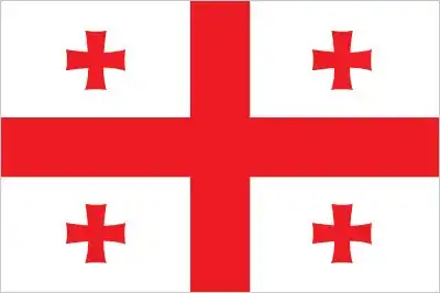 Georgia’s national flag—often called the Five-Cross Flag—features a central red St. George’s cross on white, flanked by four smaller red Bolnur-Katskhuri crosses, one in each quadrant. It reflects a strong Christian heritage and renewed national identity.