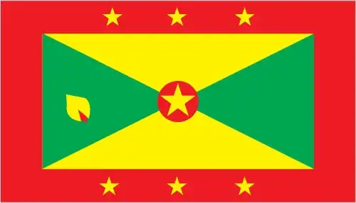 National flag of Grenada - The national flag of Grenada features a rectangular design bordered by a wide red frame containing six gold stars, with a green field divided diagonally by a gold border into four triangles and a red disk at the center bearing a gold star. A nutmeg pod appears in the hoist triangle.