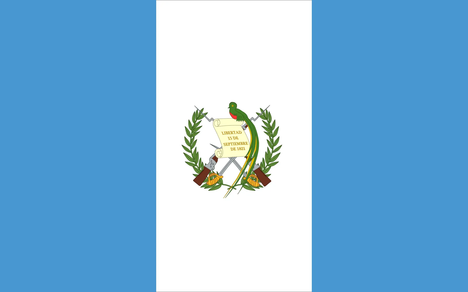 National flag of Guatemala - The flag of Guatemala consists of three vertical bands: two sky-blue outer panels flanking a white panel bearing the national emblem. The design reflects ideals of sovereignty, peace, and the nation’s ties to both the Pacific and Atlantic oceans.