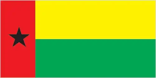 National flag of Guinea-Bissau - The flag of Guinea-Bissau features a vertical red band at the hoist containing a black five-pointed star, alongside horizontal yellow and green stripes. This bold design merges Pan-African symbolism with national aspirations for unity and liberation.