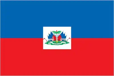 Haiti Flag - The national flag of Haiti features two equal horizontal bands of blue (top) and red, with the national coat of arms centered on a white panel in the civil desi
