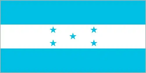 National flag of Honduras - The national flag of Honduras consists of three horizontal bands—blue, white, and blue—with five blue five-pointed stars arranged in an X pattern within the central white stripe. Its design reflects maritime heritage and national unity following Central America’s independence from Spain.