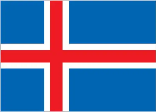 National flag of Iceland - The national flag of Iceland features a bright blue field with a white-fimbriated red Nordic cross, shifted toward the hoist. Part of the Scandinavian cross family, the flag conveys a strong connection to the other Nordic countries through shared design heritage, while the bold colors evoke the country's dramatic natural environment—icy glaciers, fiery volcanoes, and open skies.
