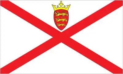 National flag of Jersey - The flag of Jersey features a red saltire (diagonal cross) on a white field, surmounted in the upper quadrant by a small yellow Plantagenet crown above the island’s shield bearing three gold leopards—symbols that express loyalty to England while establishing Jersey’s distinct identity.