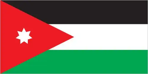 National flag of Jordan - The flag of Jordan is a horizontal tricolor of black, white, and green bands connected on the hoist side by a red chevron containing a white seven-pointed star. The design directly echoes the 1916 banner of the Great Arab Revolt.