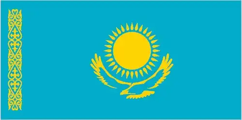 Kazakhstan Flag - The flag of Kazakhstan features a turquoise-blue field centered with a gold sun of thirty-two rays above a golden steppe eagle in flight. Along the hoist is a v