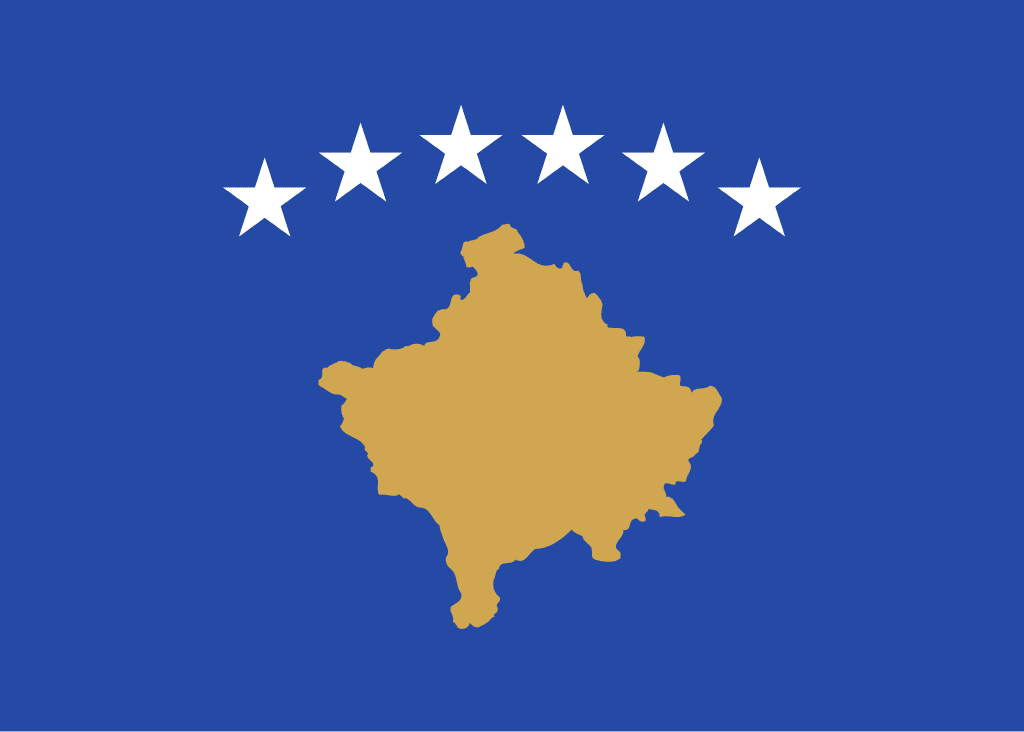 National flag of Kosovo - Kosovo’s flag features a deep blue field topped by six white five‑pointed stars arranged in an arc above a gold silhouette map of the country—creating a bold modern emblem of unity and European aspirations.