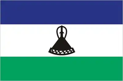 National flag of Lesotho - Lesotho’s flag consists of three horizontal stripes—blue, white, green—with a black *mokorotlo* (traditional Basotho straw hat) centered on the white stripe. Adopted in 2006, the design replaced previous militaristic emblems with a symbol of peace and cultural heritage.