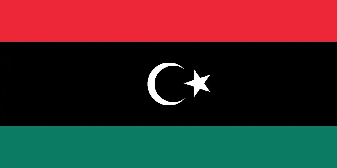 Libya Flag - Libya’s national flag features a bold horizontal triband of red, black (double width), and green, with a white crescent and five-pointed star centered on the bl