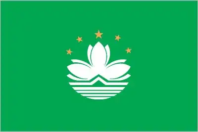 Macao Flag - The regional flag of Macao features a stylized white lotus flower above a white depiction of the Governor Nobre de Carvalho Bridge and water, set on a green fie