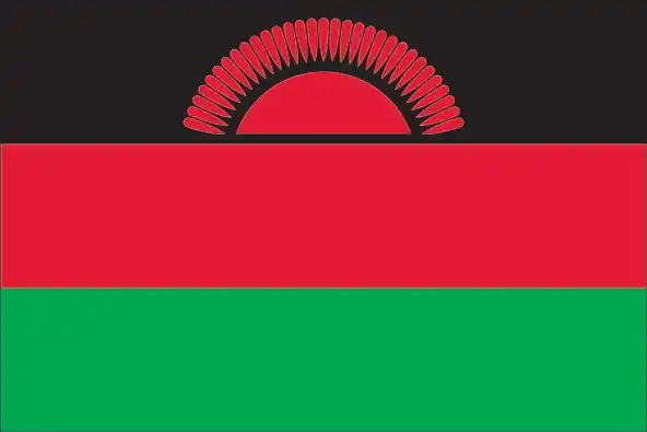 National flag of Malawi - The Malawian flag has three equal horizontal stripes of black, red, and green, crowned on the black stripe with a red rising sun composed of 31 rays. This design expresses African identity, sacrifice, hope, and national rebirth.