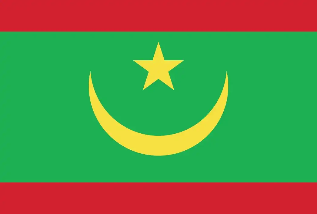Mauritania Flag - Mauritania’s national flag features a deep green field bearing a gold upward-pointing crescent and star, framed by horizontal red stripes at the top and bottom.