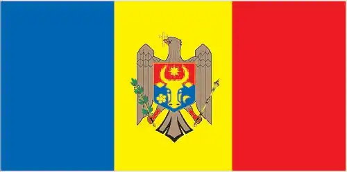 National flag of Moldova - Moldova’s flag is a vertical tricolor of blue, yellow, and red with the national coat of arms—an eagle holding a cross in its beak and a shield featuring an aurochs head—centered on the yellow stripe. The flag evokes Pan‑Romanian heritage and centuries of statehood.