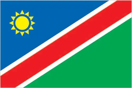 Namibia Flag - Namibia’s flag features a striking diagonal red band edged in white, dividing a blue upper-left triangle—charged with a golden 12‑ray sun—and a green lower-righ